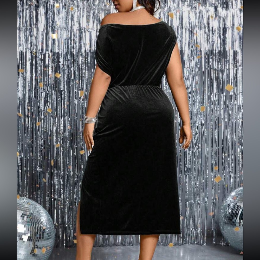 Luxe Plus Size Velvet Off One Shoulder Ruched Evening Party Holiday Dress Blue - Picture 7 of 9